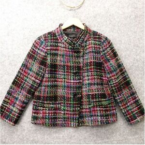 TALBOTS Tweed Blazer Women 2 XS Multicolor Plaid Wool Crop Jacket Holiday Preppy